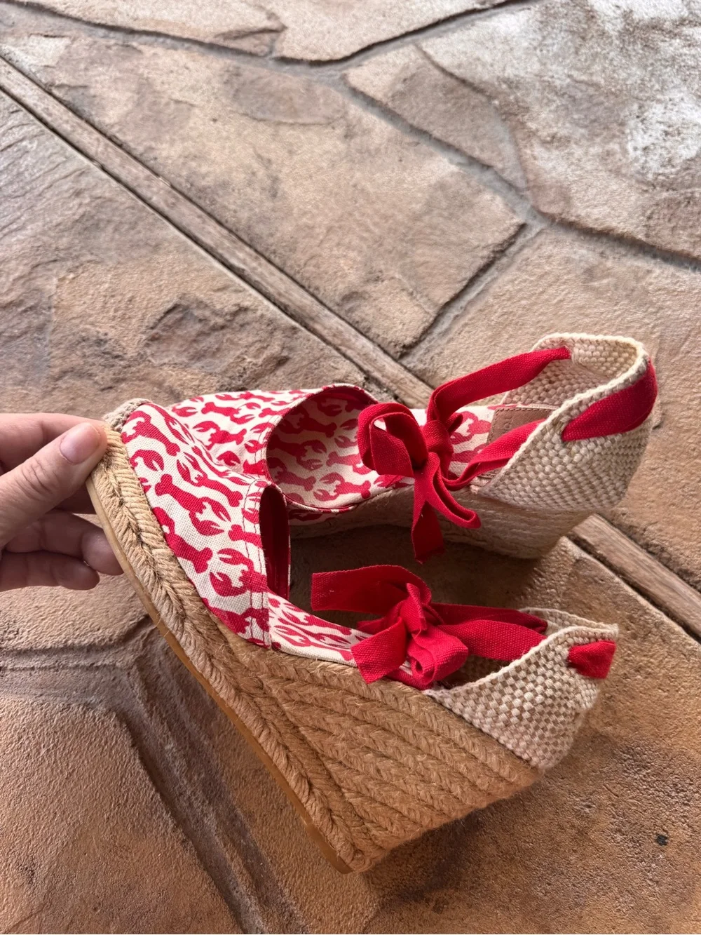 Tory Burch Lobster Print Wedge Wrap Espadrilles Ankle Tie Canvas EU 35 US 5